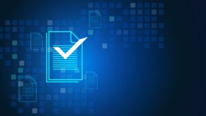 image of document with checkmark on a tech background