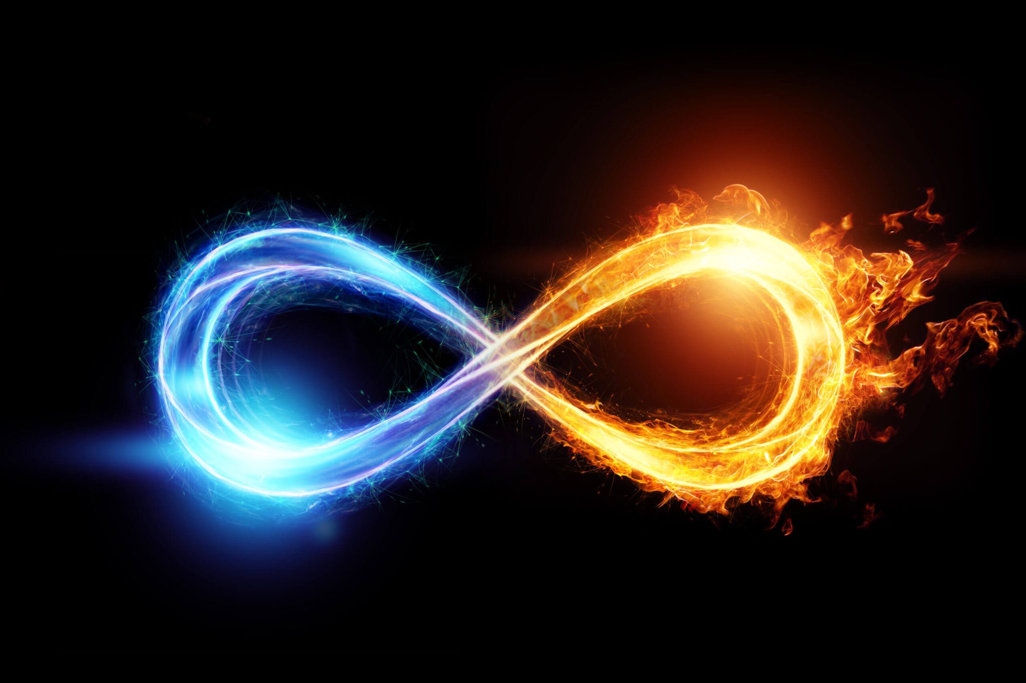 An infinity symbol in blue-purple and yellow-orange halves on a black background. The blue-purple half is aglow with white light. The yellow-orange half is lit with flames of a fire. This represents our specialty in networking software systems. We also offer DevOps consulting services.